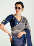 Classic Navy Blue Border Work Organza Traditional Saree With Blouse - Zeel Clothing