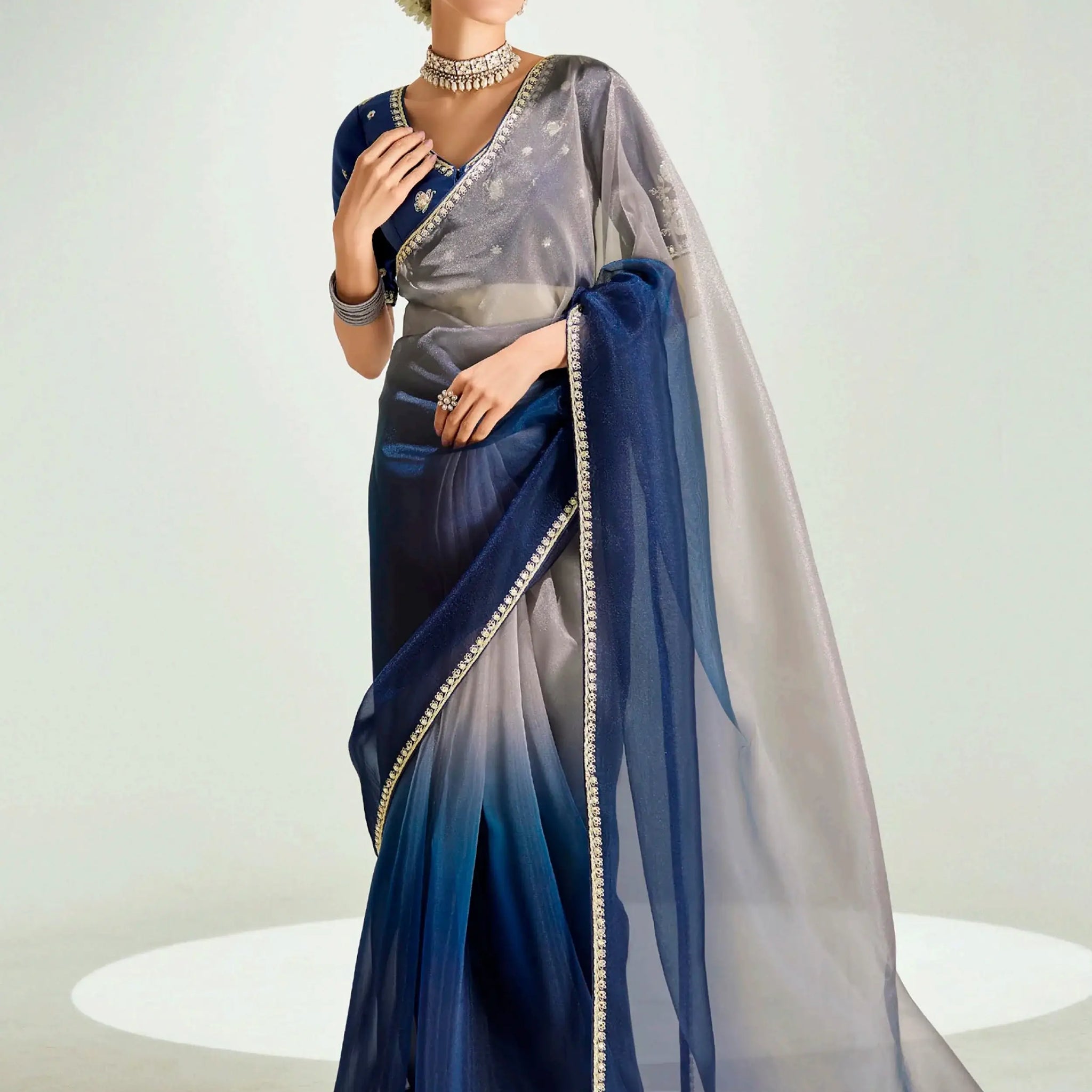 Classic Navy Blue Border Work Organza Traditional Saree With Blouse - Zeel Clothing