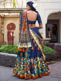Classic Navy Blue Kalamkari Printed Silk Lehenga Choli With Dupatta - Zeel Clothing