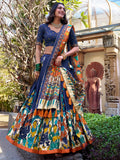 Classic Navy Blue Kalamkari Printed Silk Lehenga Choli With Dupatta - Zeel Clothing