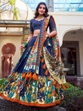 Classic Navy Blue Kalamkari Printed Silk Lehenga Choli With Dupatta - Zeel Clothing