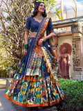 Classic Navy Blue Kalamkari Printed Silk Lehenga Choli With Dupatta - Zeel Clothing