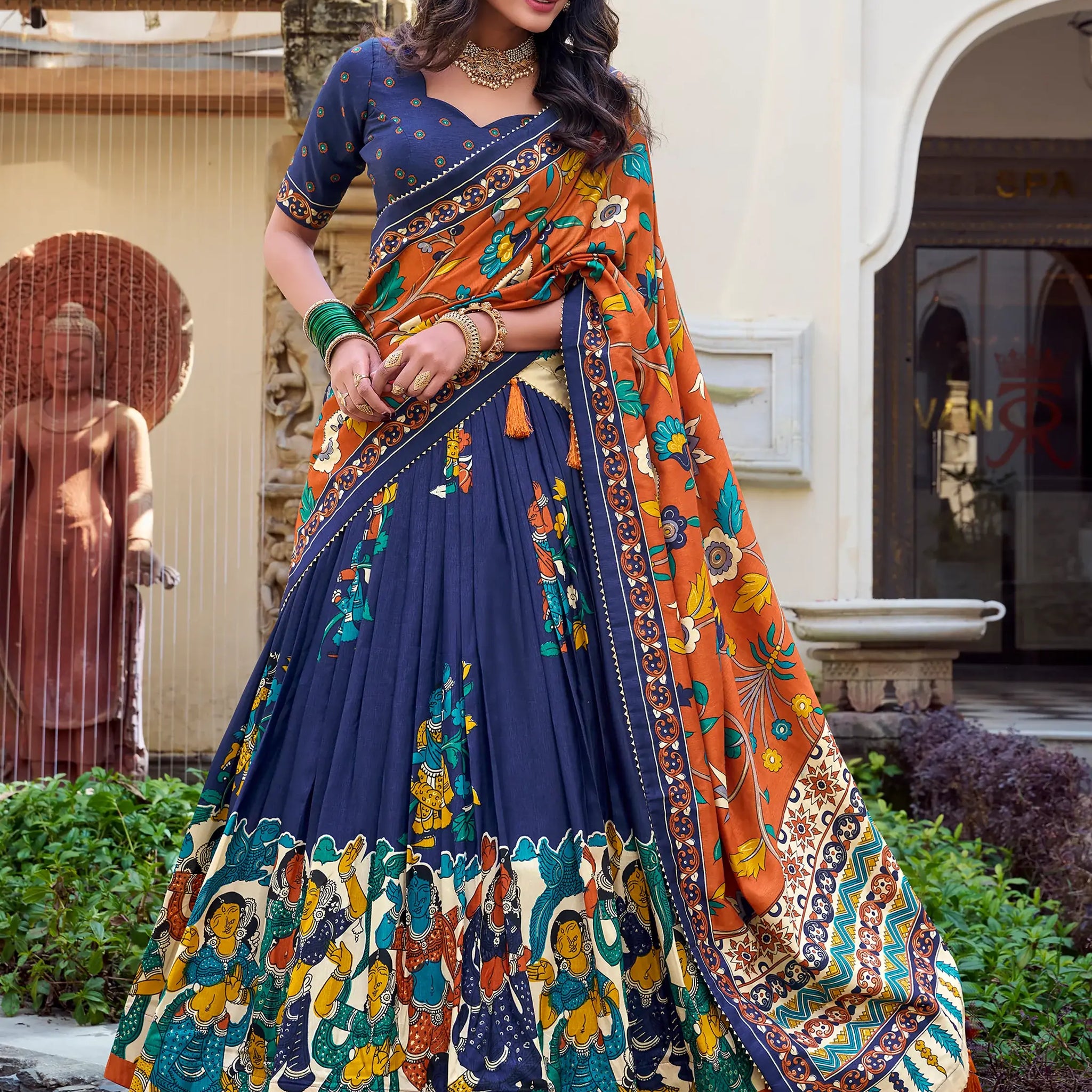 Classic Navy Blue Kalamkari Printed Silk Lehenga Choli With Dupatta - Zeel Clothing