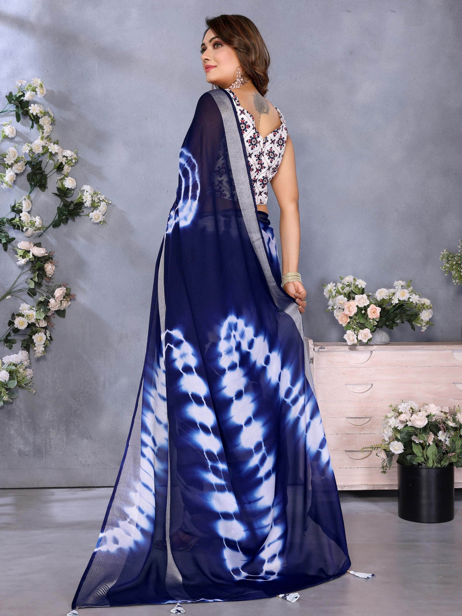 Classic Navy Blue Shibori Printed Chiffon Casual Wear Saree With Blouse - Zeel Clothing