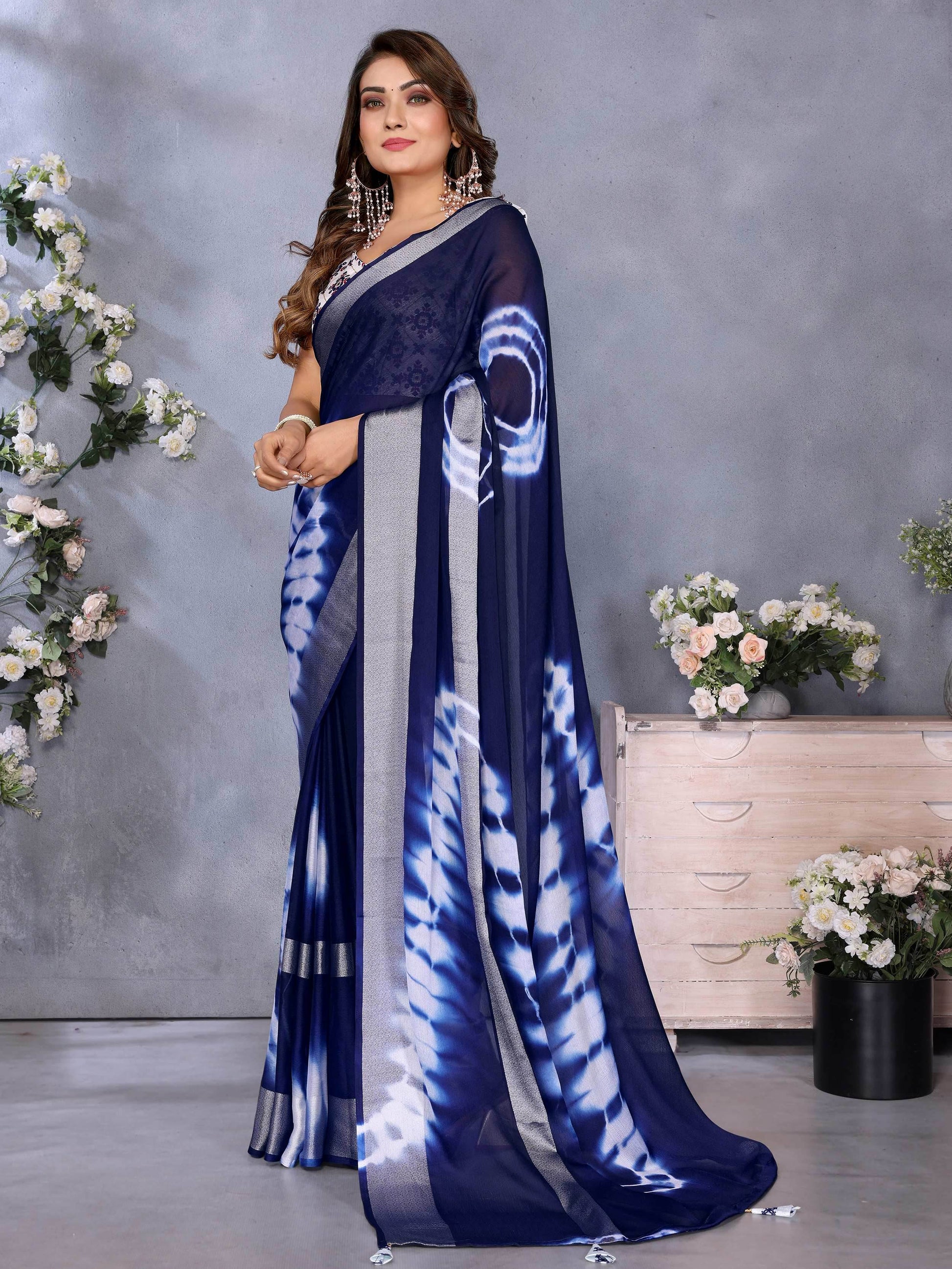 Classic Navy Blue Shibori Printed Chiffon Casual Wear Saree With Blouse - Zeel Clothing