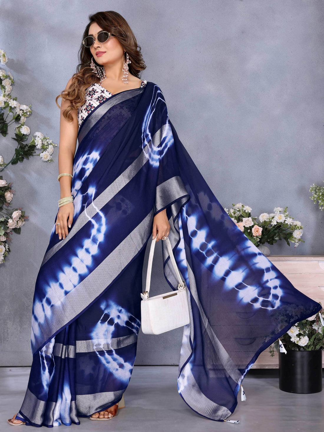 Classic Navy Blue Shibori Printed Chiffon Casual Wear Saree With Blouse - Zeel Clothing