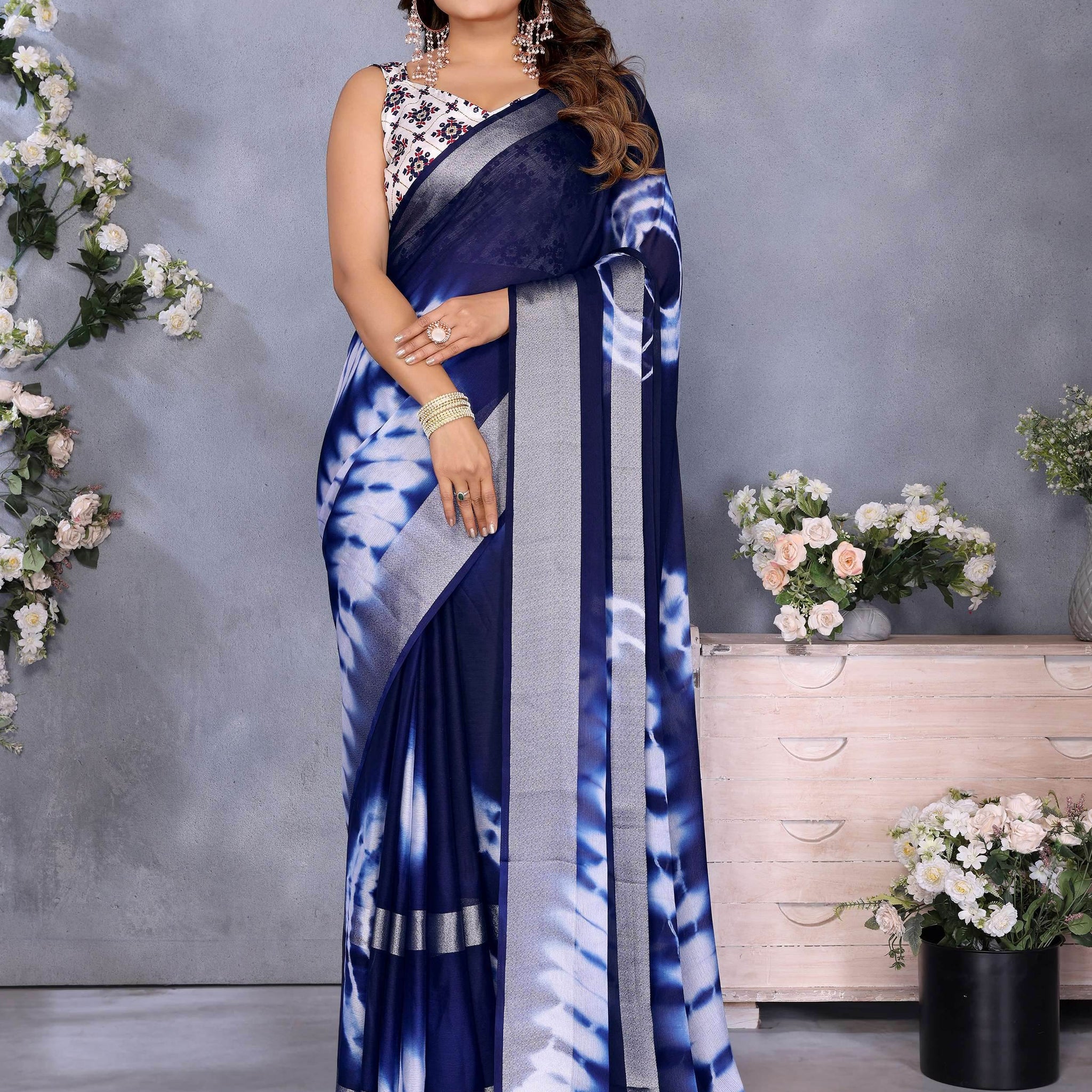 Classic Navy Blue Shibori Printed Chiffon Casual Wear Saree With Blouse - Zeel Clothing