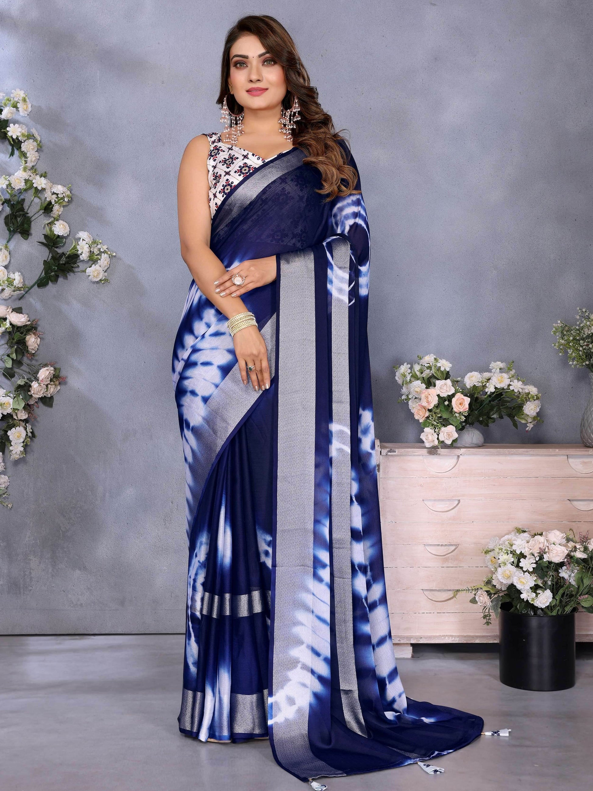 Classic Navy Blue Shibori Printed Chiffon Casual Wear Saree With Blouse - Zeel Clothing