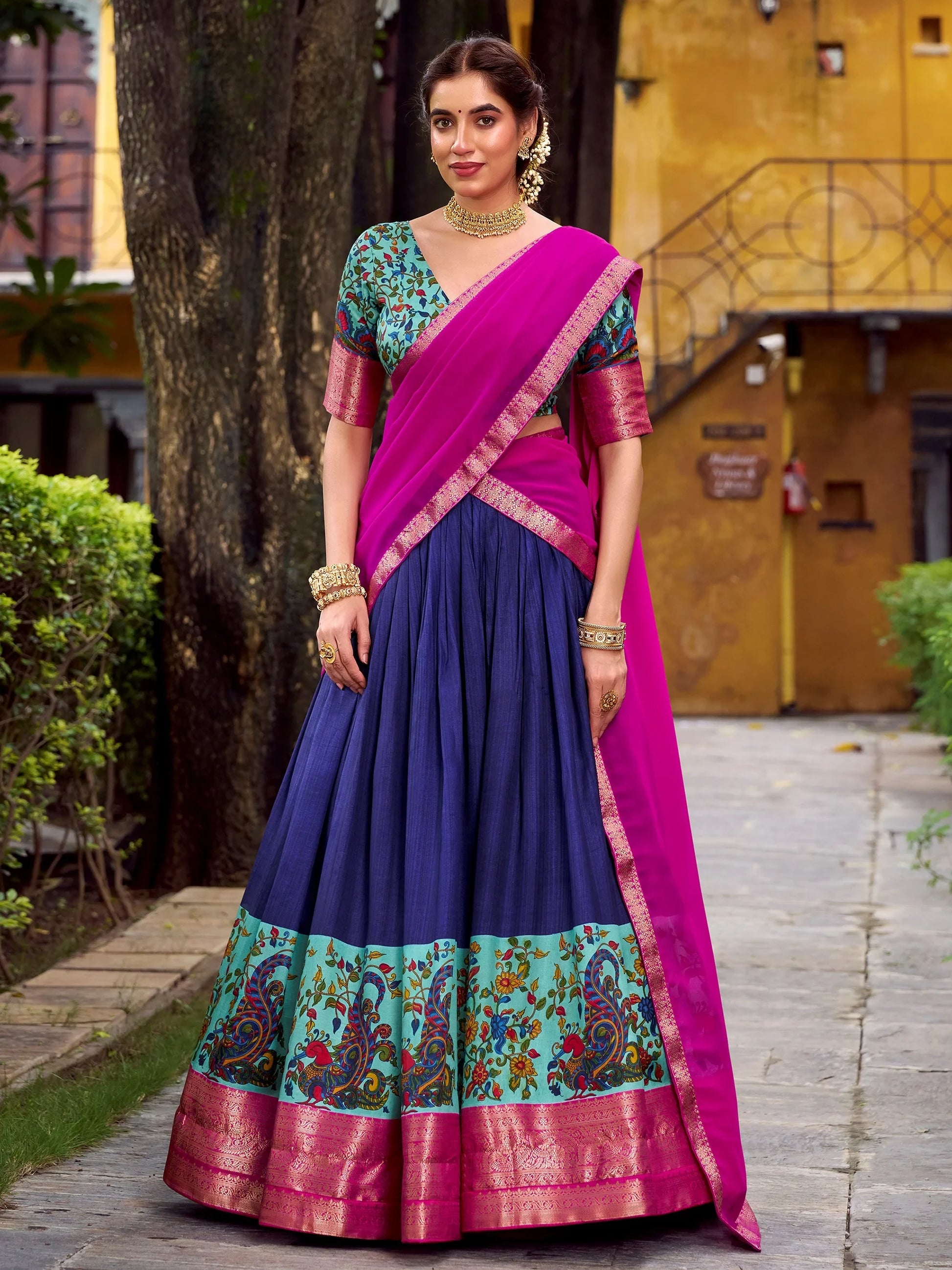 Classic Navy Blue Weaving Work Silk Wedding Wear Half Saree Lehenga