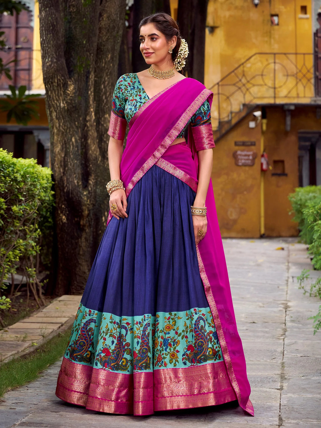 Classic Navy Blue Weaving Work Silk Wedding Wear Half Saree Lehenga