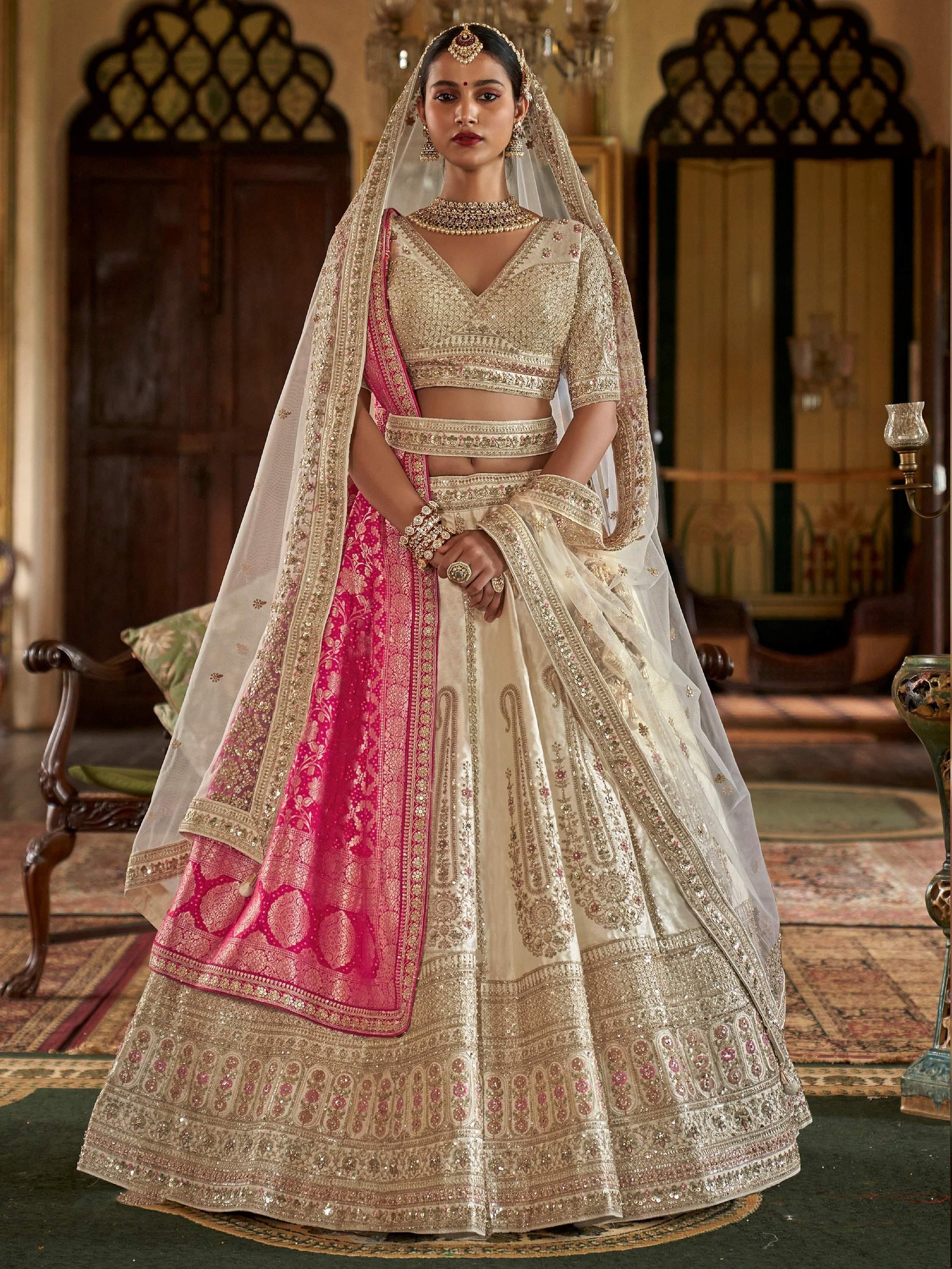 Classic Off-White Thread Work Silk Bridal Lehenga Choli With Double Dupatta