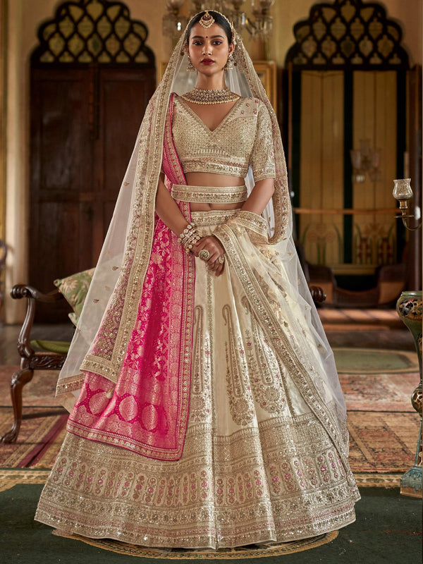 Classic Off-White Thread Work Silk Bridal Lehenga Choli With Double Dupatta