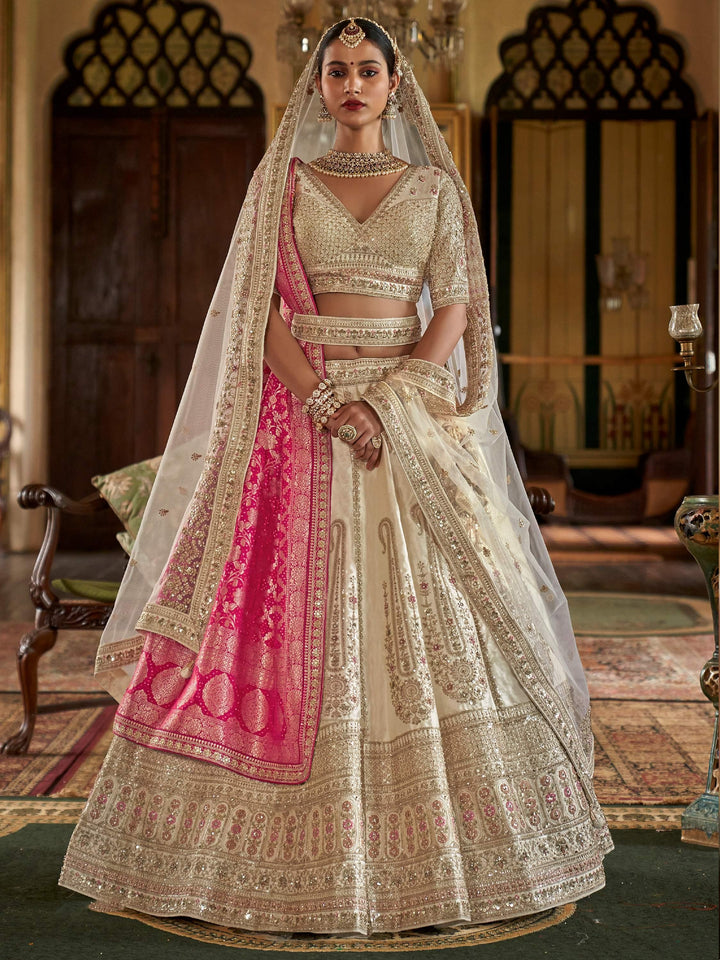 Classic Off-White Thread Work Silk Bridal Lehenga Choli With Double Dupatta