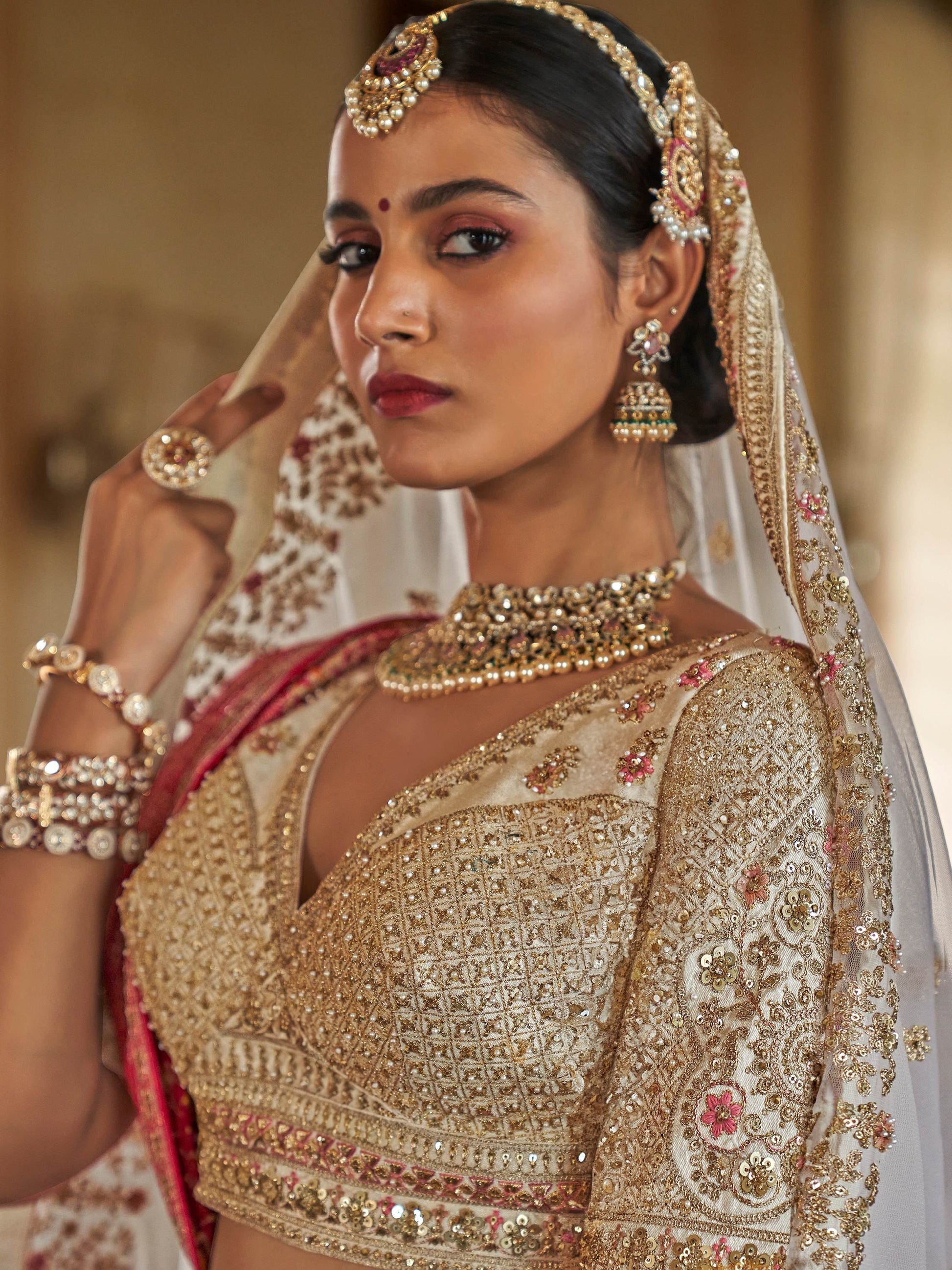 Classic Off-White Thread Work Silk Bridal Lehenga Choli With Double Dupatta