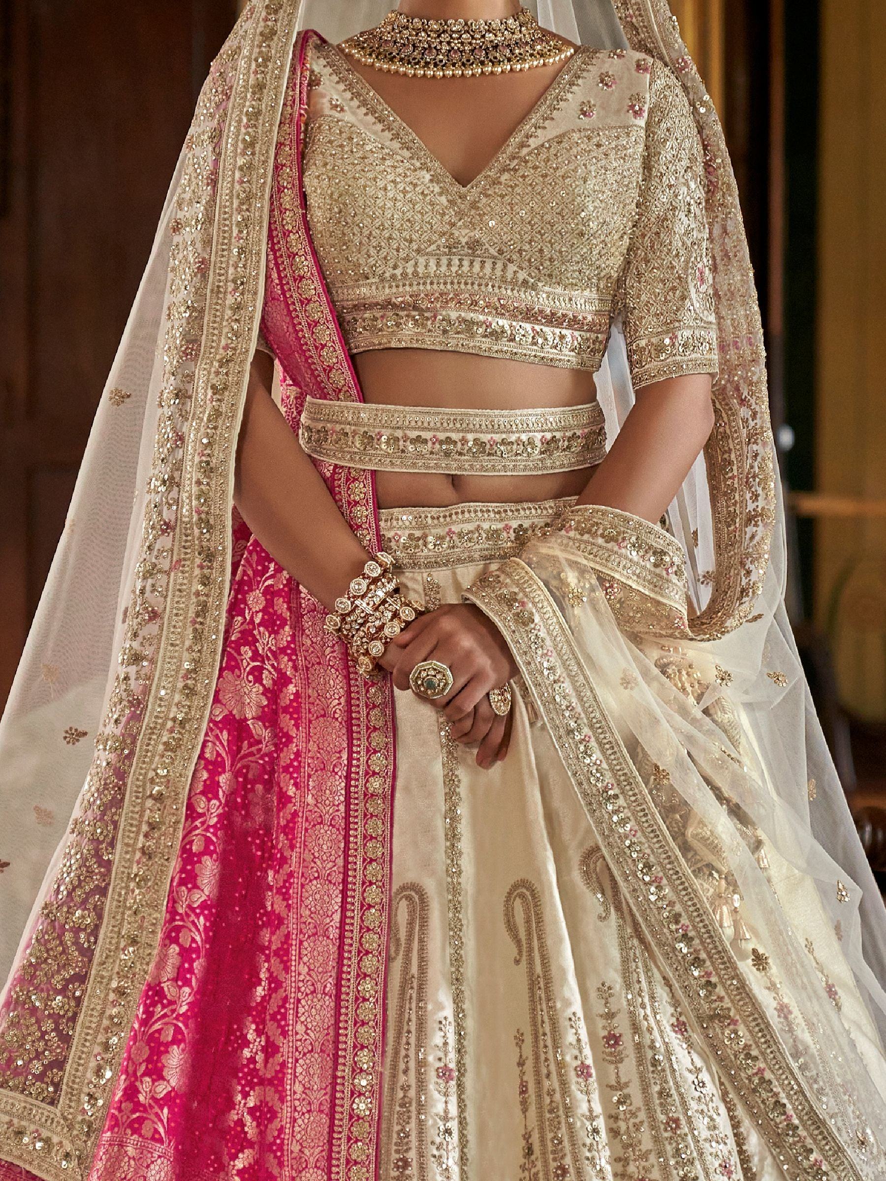 Classic Off-White Thread Work Silk Bridal Lehenga Choli With Double Dupatta