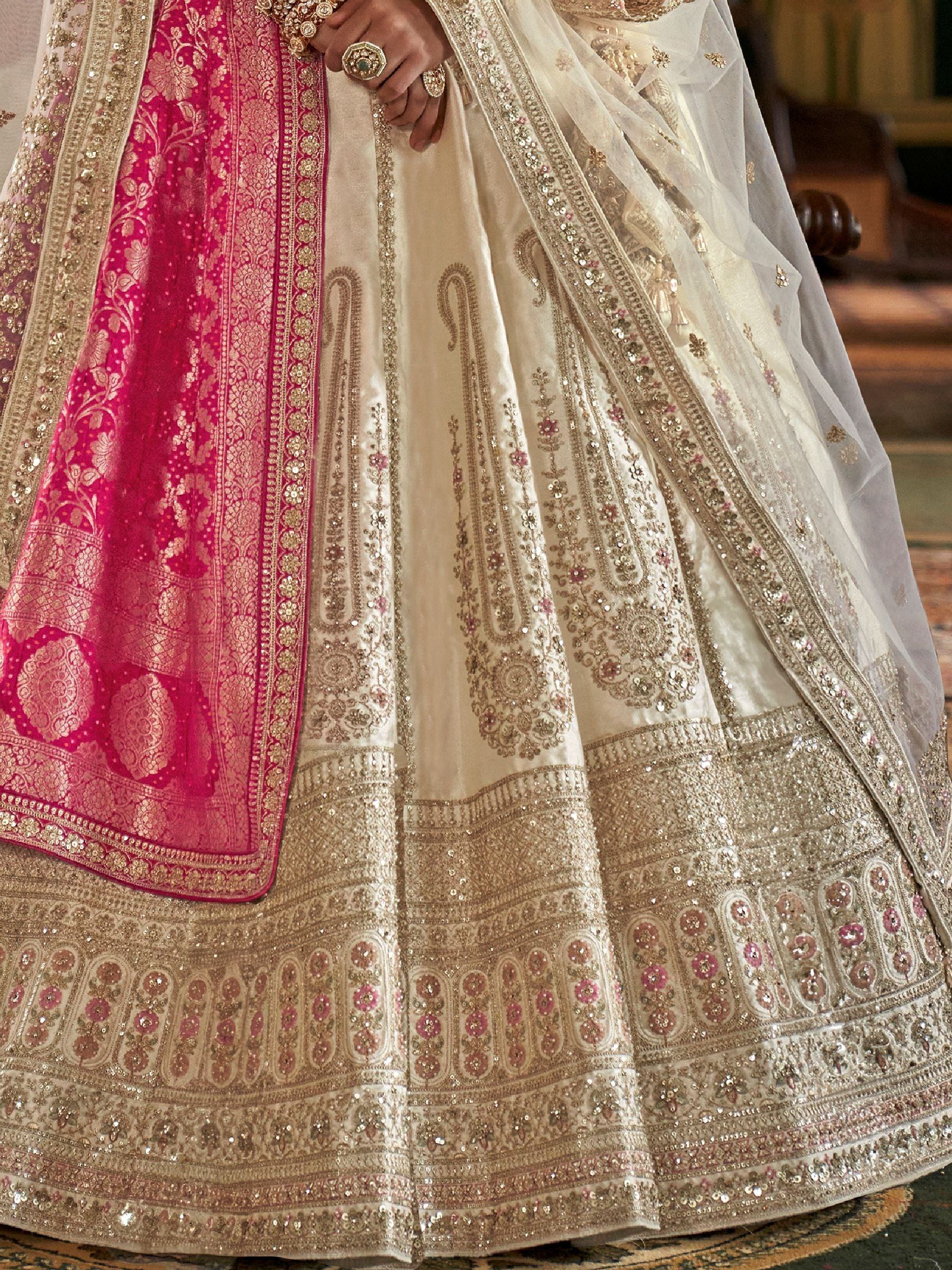 Classic Off-White Thread Work Silk Bridal Lehenga Choli With Double Dupatta