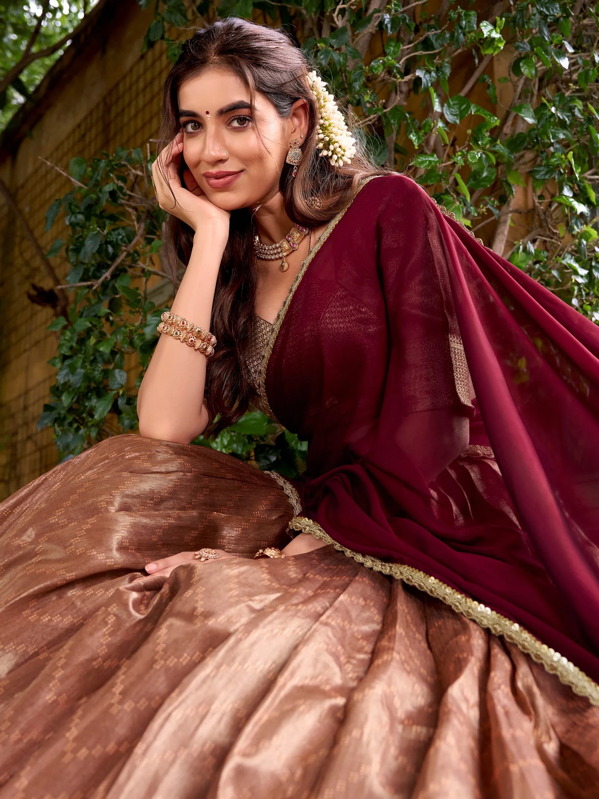 Classic Peach Weaving Work Silk Traditional Half Saree Lehenga
