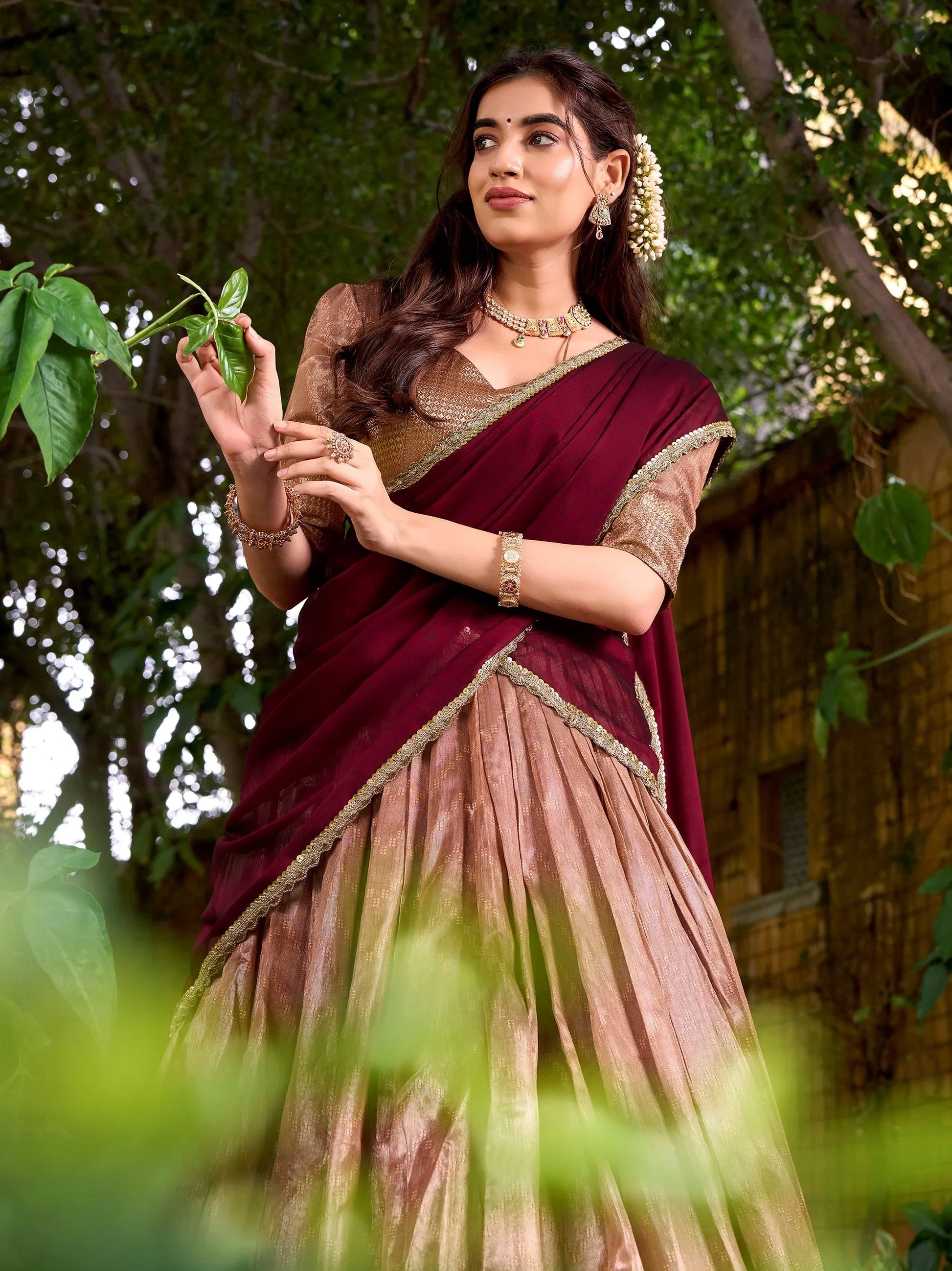 Classic Peach Weaving Work Silk Traditional Half Saree Lehenga