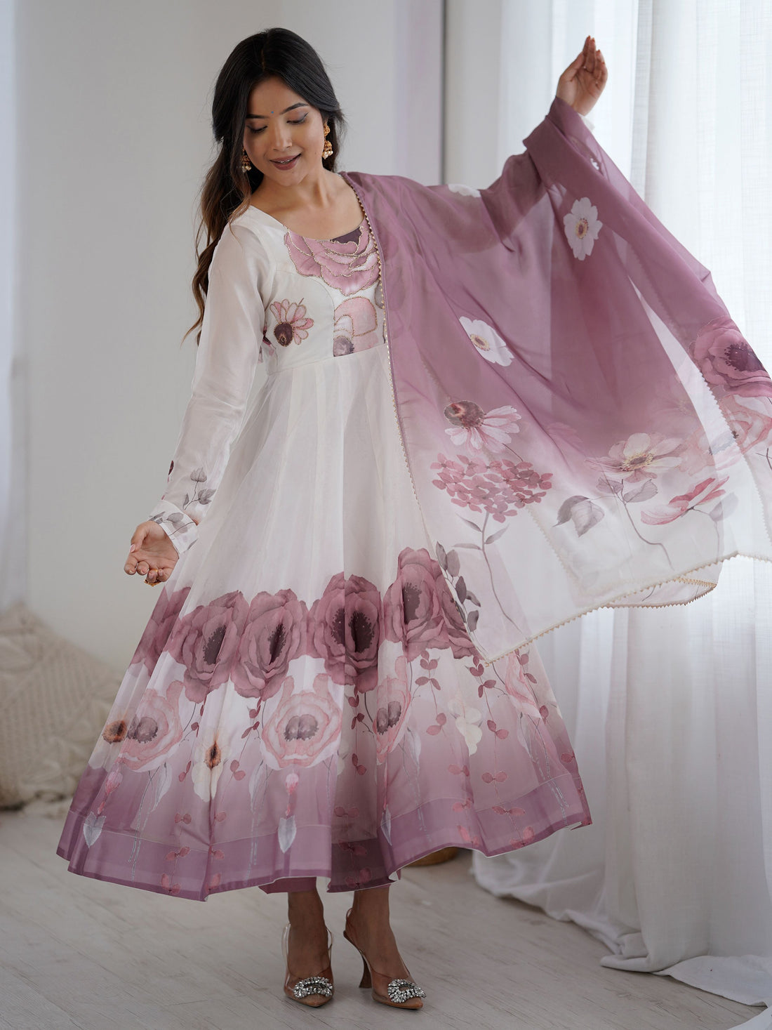 Classic Pink Floral Printed Organza Festive Wear Anarkali Suit With Dupatta