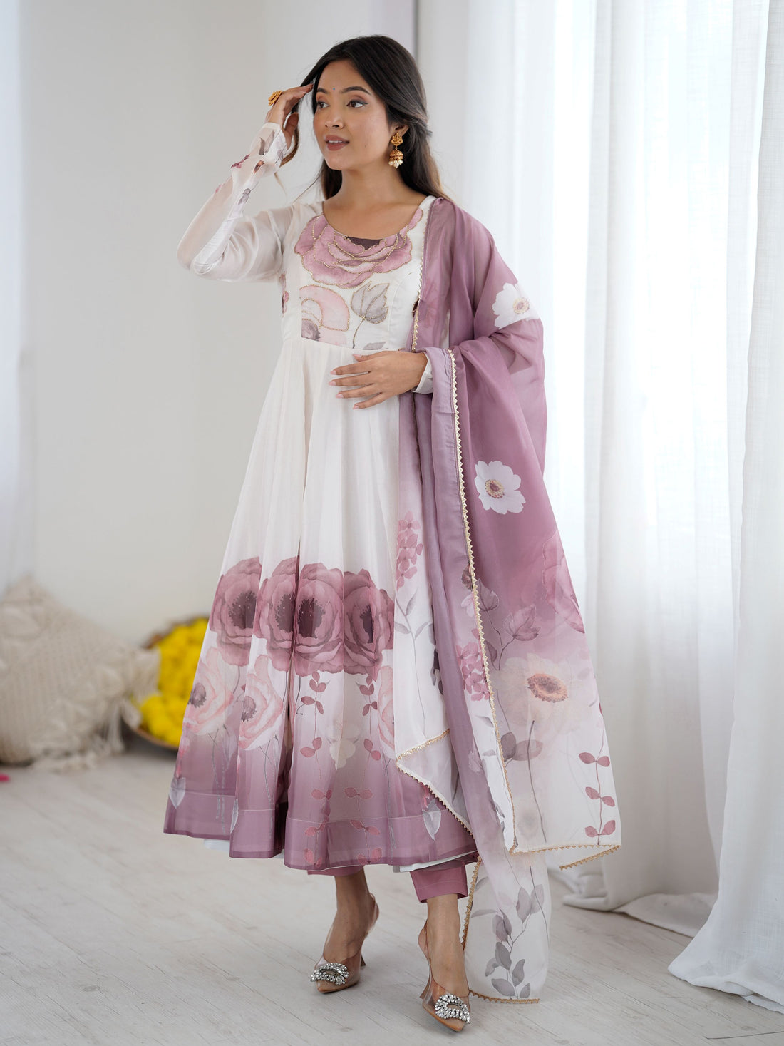 Classic Pink Floral Printed Organza Festive Wear Anarkali Suit With Dupatta
