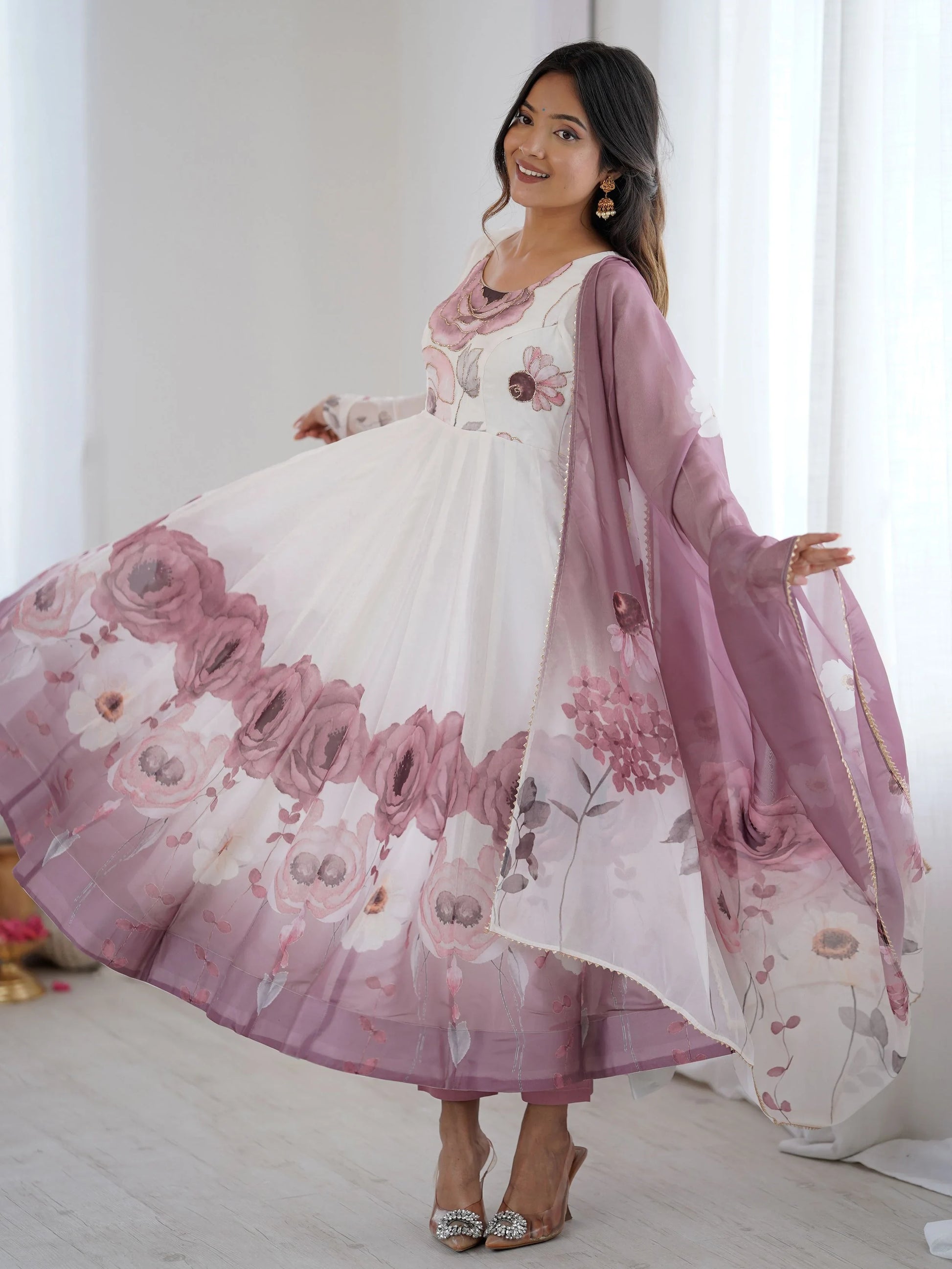 Classic Pink Floral Printed Organza Festive Wear Anarkali Suit With Dupatta