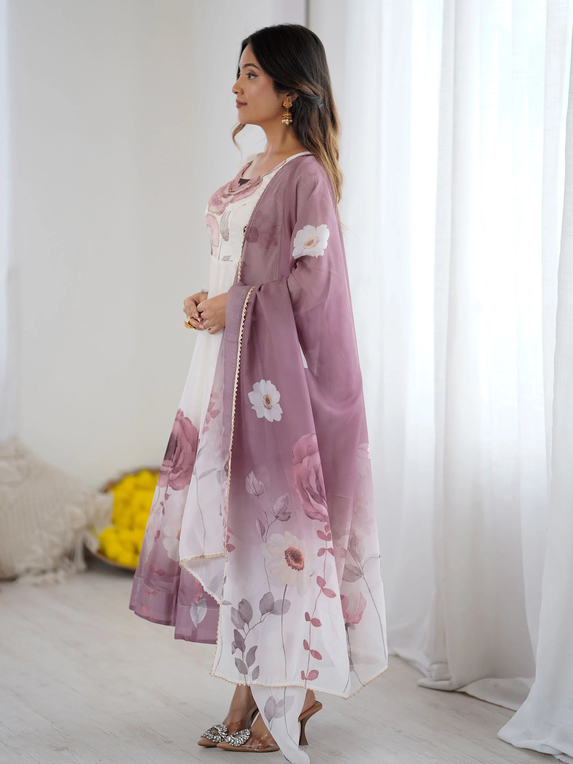 Classic Pink Floral Printed Organza Festive Wear Anarkali Suit With Dupatta