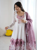 Classic Pink Floral Printed Organza Festive Wear Anarkali Suit With Dupatta