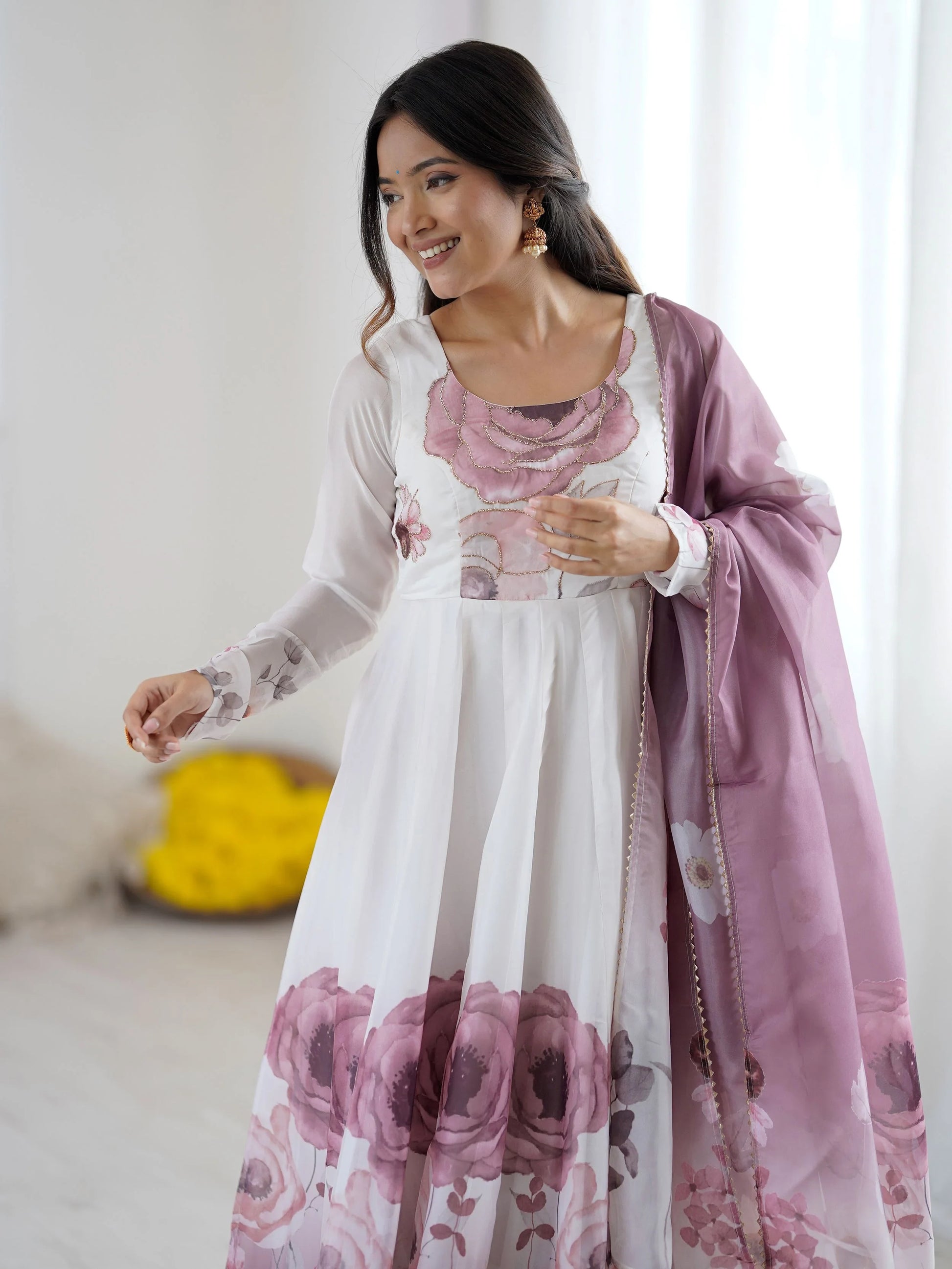 Classic Pink Floral Printed Organza Festive Wear Anarkali Suit With Dupatta