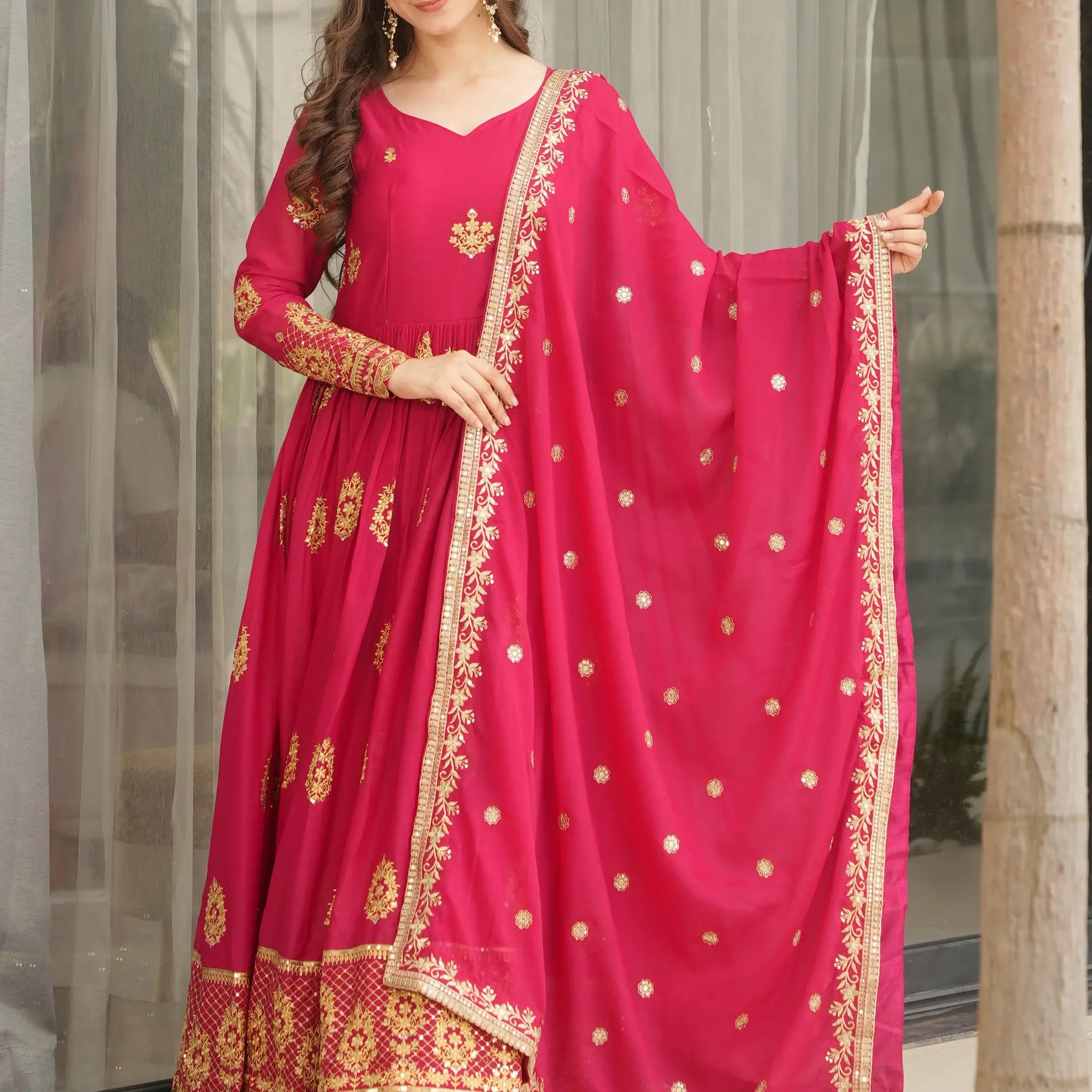 Classic Pink Zari Embroidered Georgette Event Wear Gown With Dupatta - Zeel Clothing