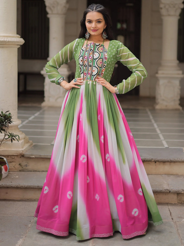 Classic Pista Green Bandhej Print Georgette Festive Special Gown