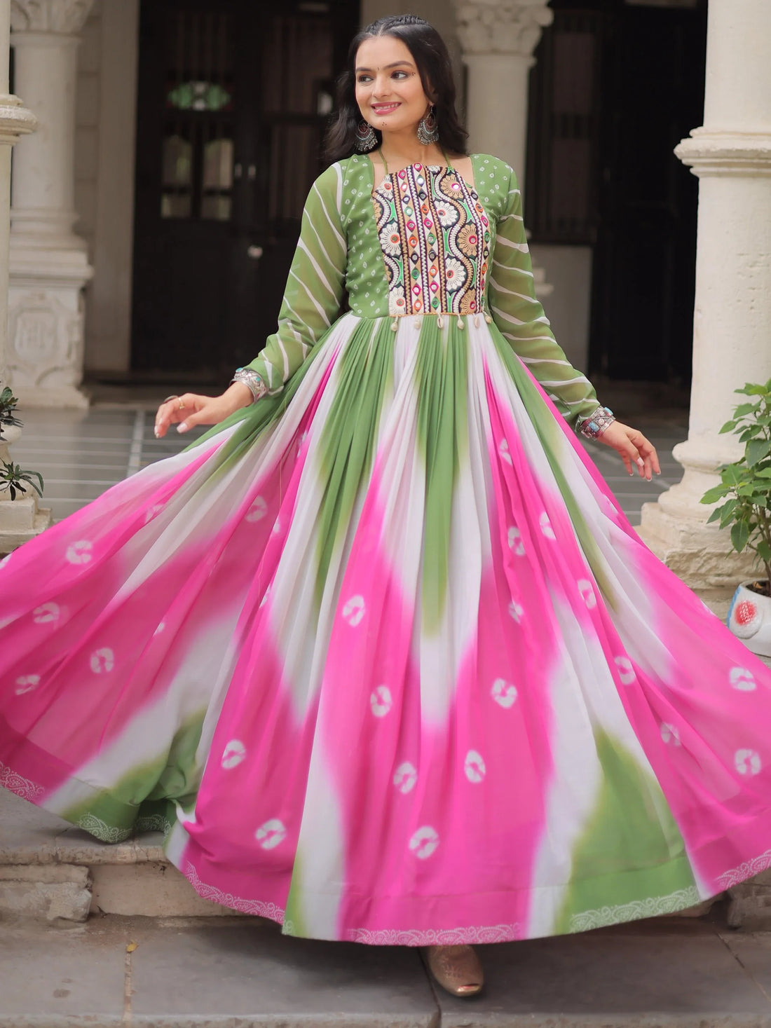 Classic Pista Green Bandhej Print Georgette Festive Special Gown