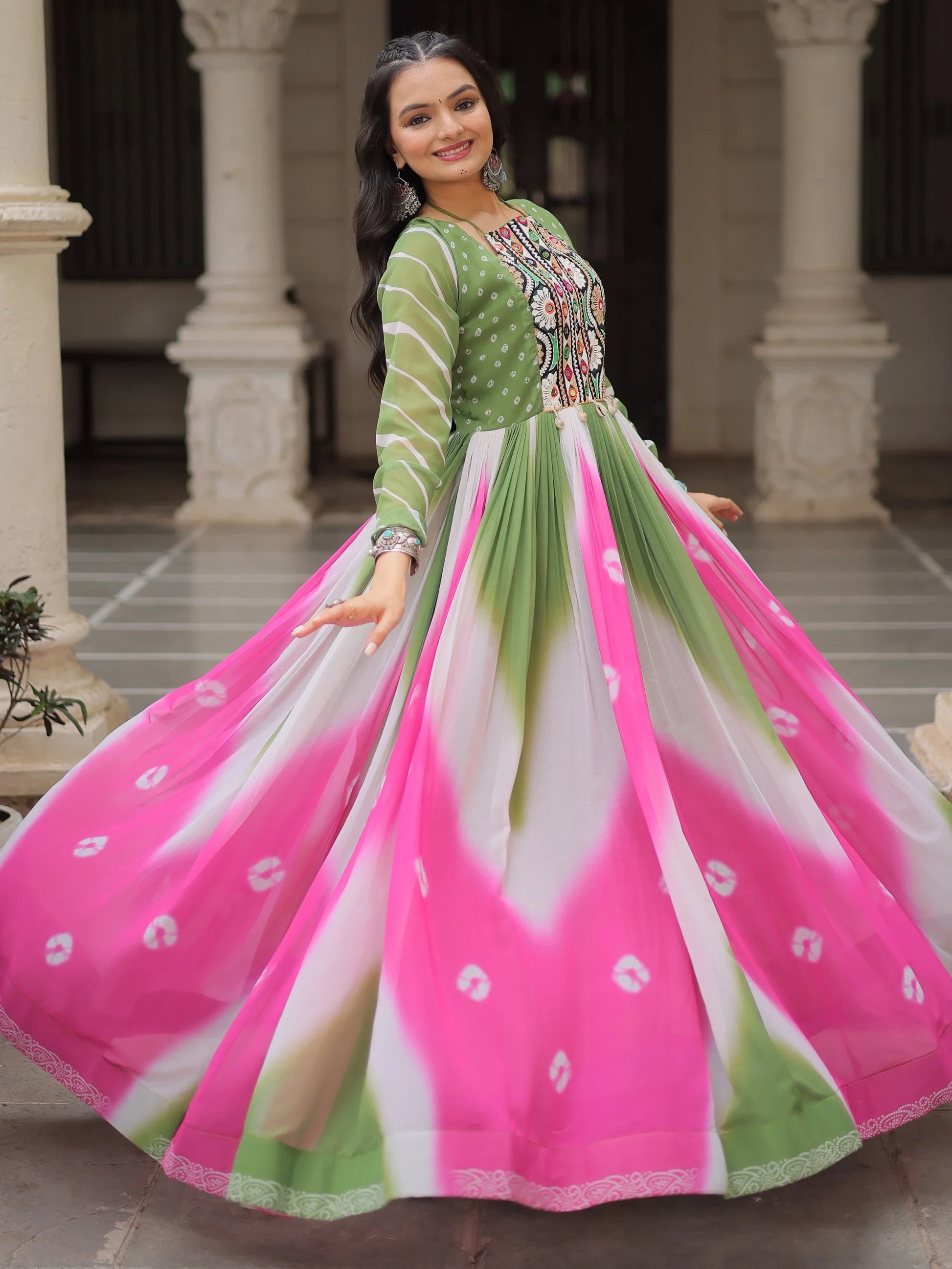 Classic Pista Green Bandhej Print Georgette Festive Special Gown