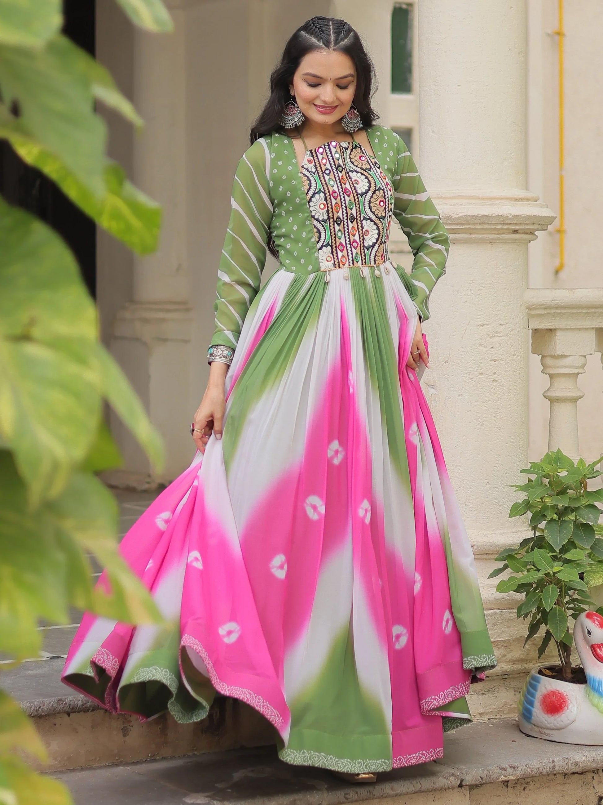 Classic Pista Green Bandhej Print Georgette Festive Special Gown
