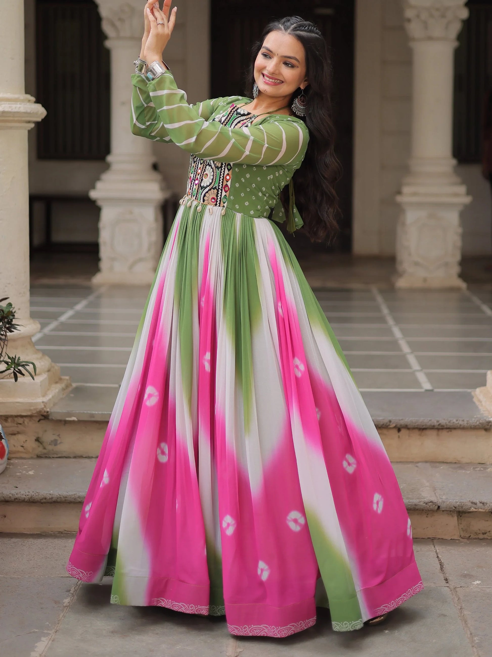 Classic Pista Green Bandhej Print Georgette Festive Special Gown