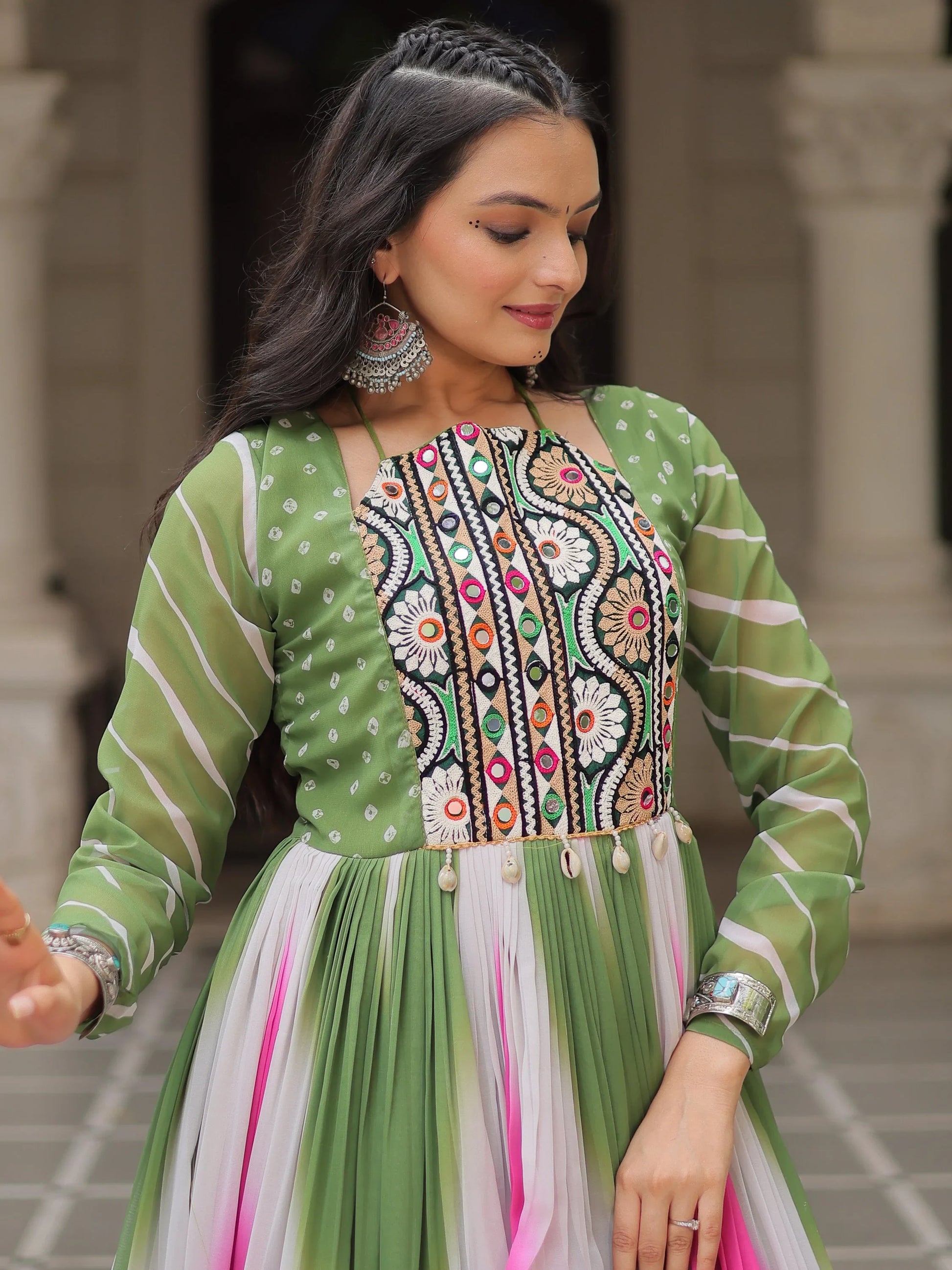 Classic Pista Green Bandhej Print Georgette Festive Special Gown