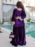 Classic Purple Zari Embroidered Velvet Wedding Wear Top With Palazzo