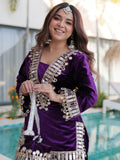 Classic Purple Zari Embroidered Velvet Wedding Wear Top With Palazzo