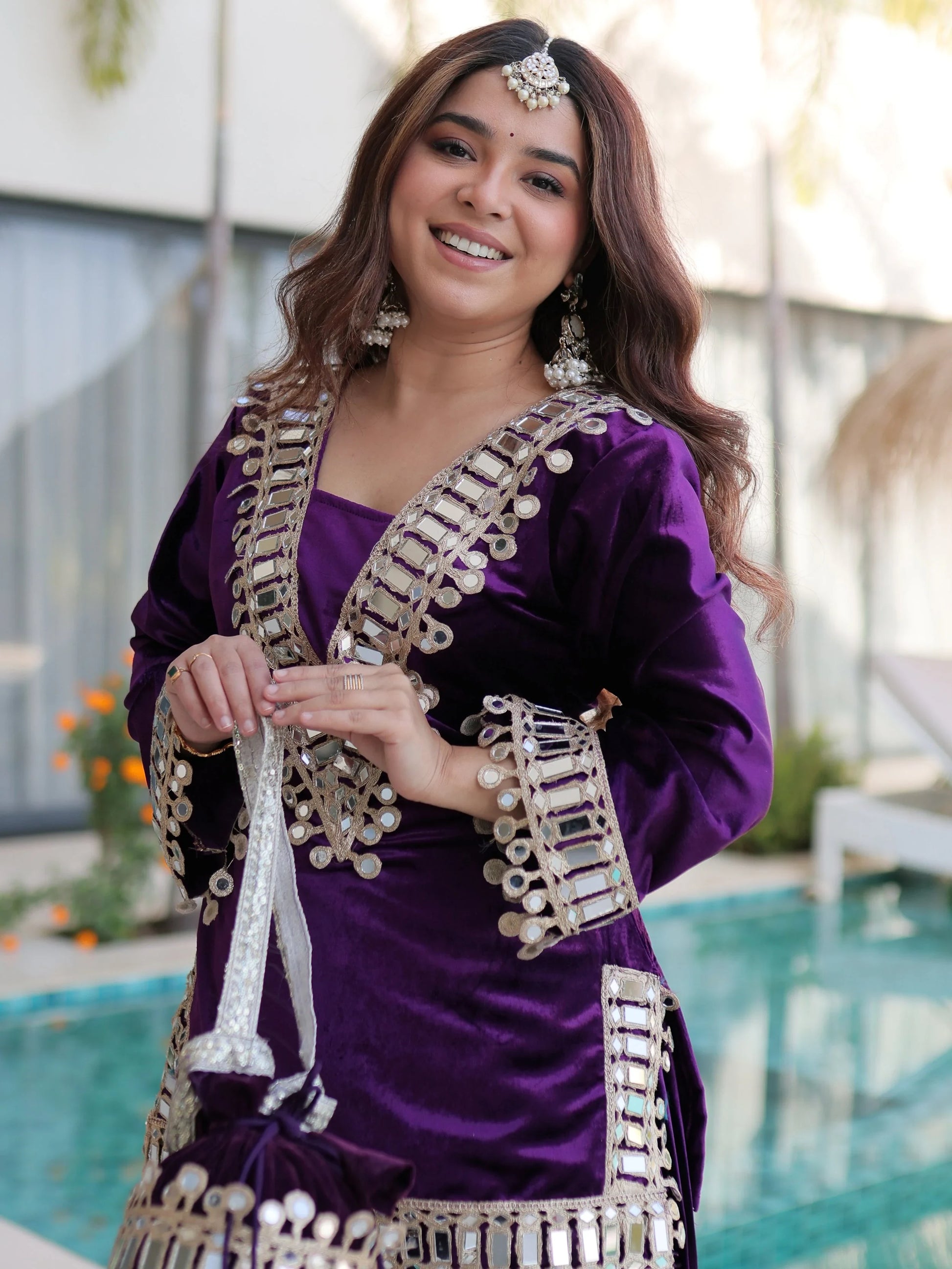 Classic Purple Zari Embroidered Velvet Wedding Wear Top With Palazzo