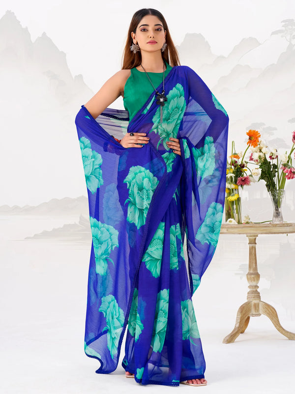 Classic Royal Blue Floral Printed Chiffon Casual Wear Saree With Blouse