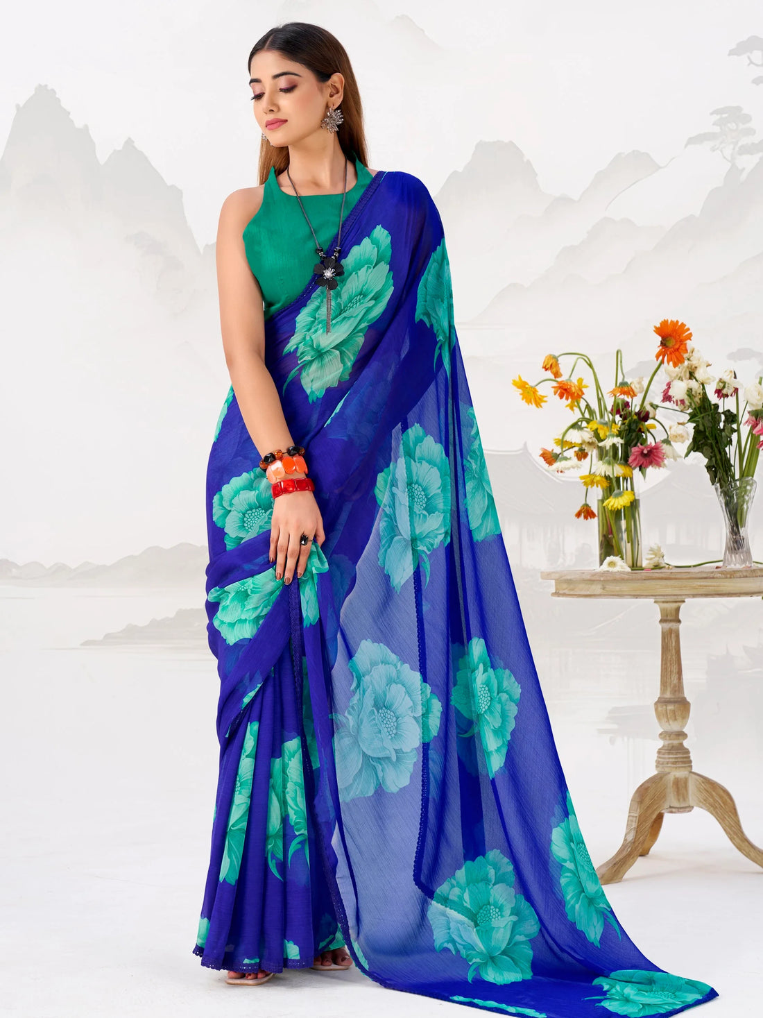 Classic Royal Blue Floral Printed Chiffon Casual Wear Saree With Blouse