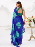 Classic Royal Blue Floral Printed Chiffon Casual Wear Saree With Blouse