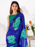 Classic Royal Blue Floral Printed Chiffon Casual Wear Saree With Blouse
