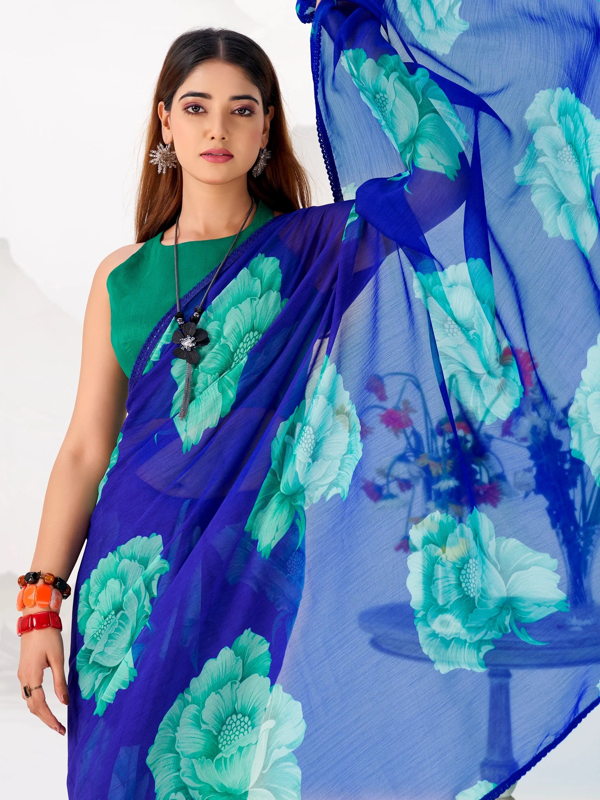 Classic Royal Blue Floral Printed Chiffon Casual Wear Saree With Blouse