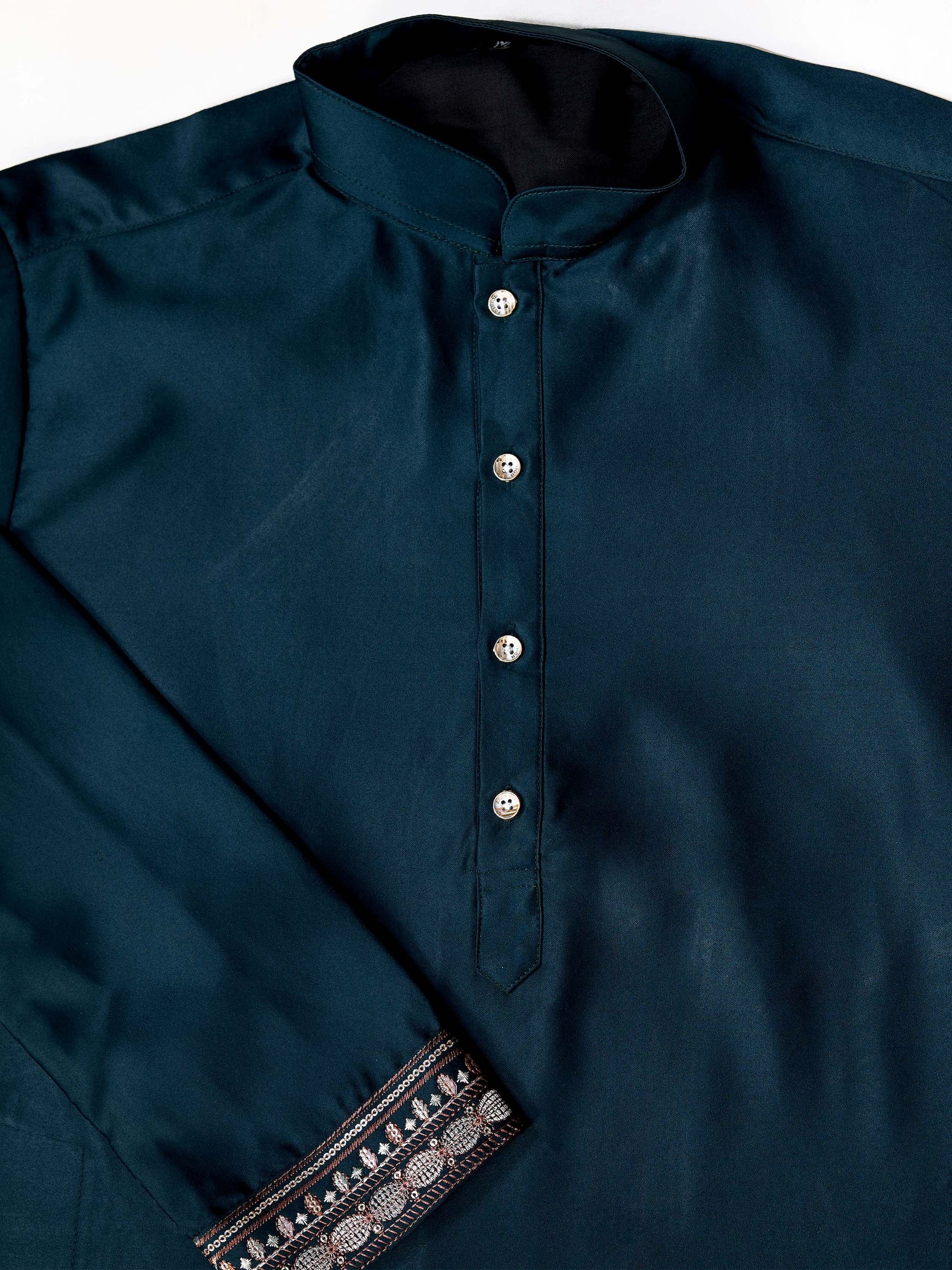 Classic Teal Blue Thread Embroidered Silk Evening Wear Men Kurta And Pant With Jacket