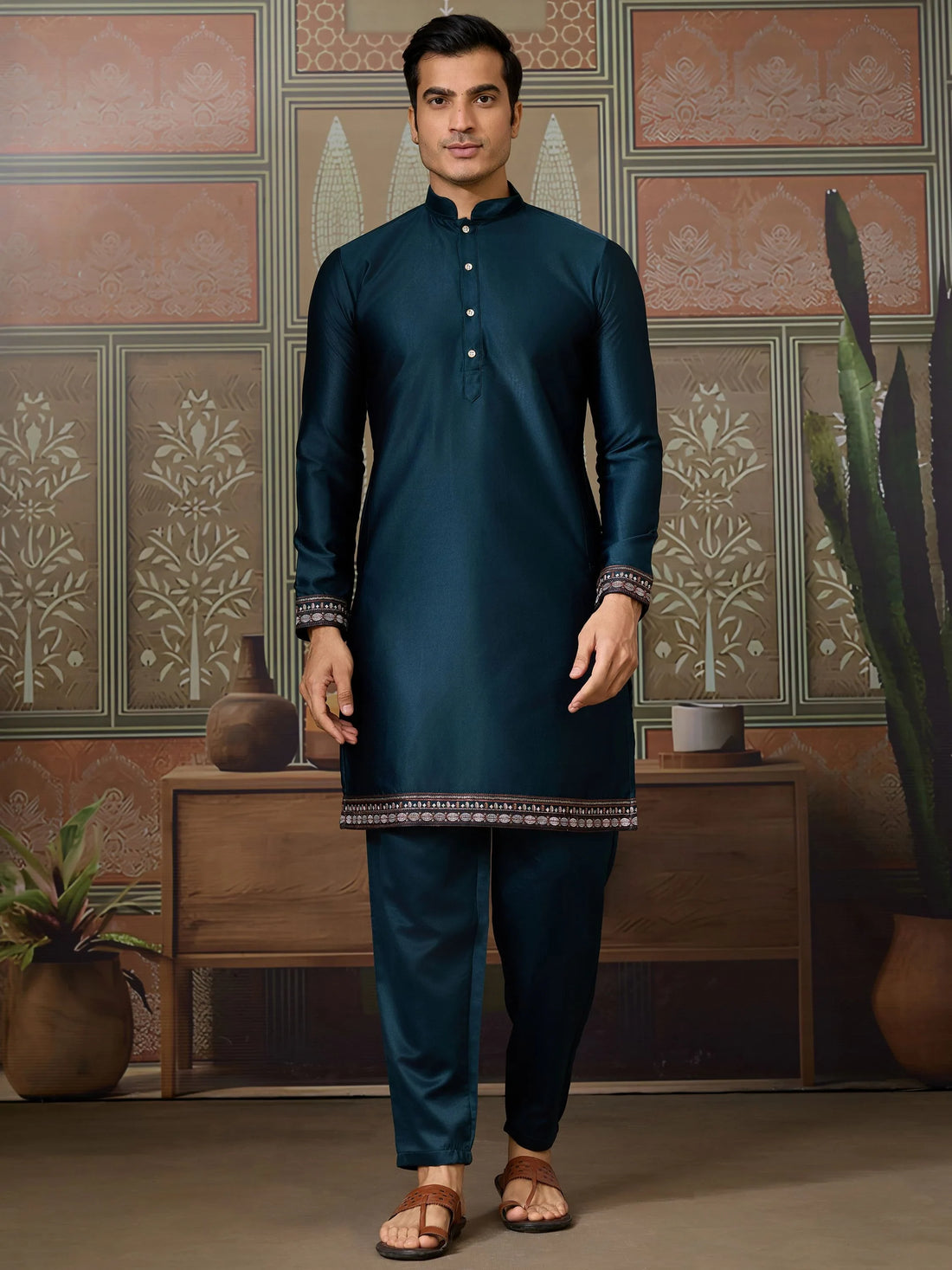 Classic Teal Blue Thread Embroidered Silk Evening Wear Men Kurta And Pant With Jacket