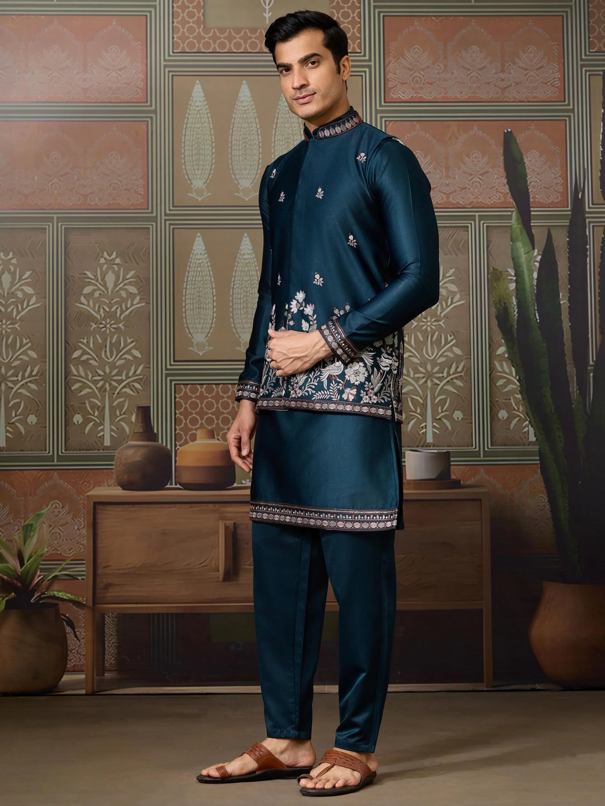 Classic Teal Blue Thread Embroidered Silk Evening Wear Men Kurta And Pant With Jacket