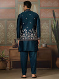 Classic Teal Blue Thread Embroidered Silk Evening Wear Men Kurta And Pant With Jacket