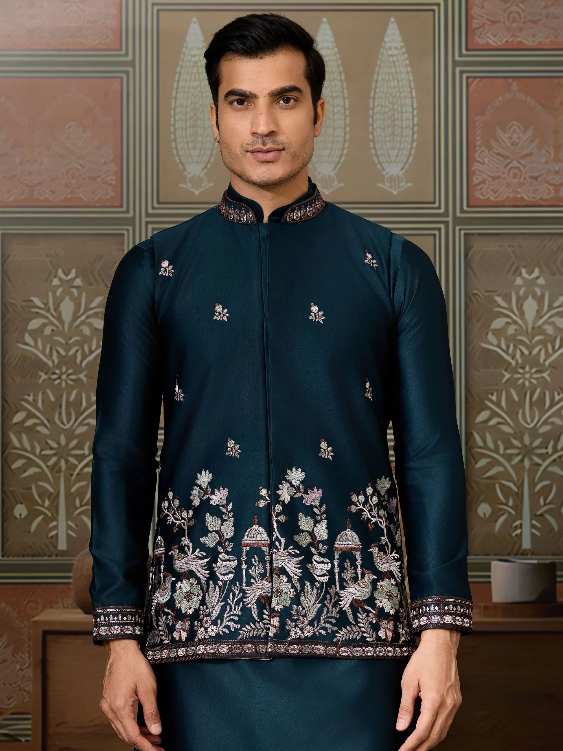 Classic Teal Blue Thread Embroidered Silk Evening Wear Men Kurta And Pant With Jacket