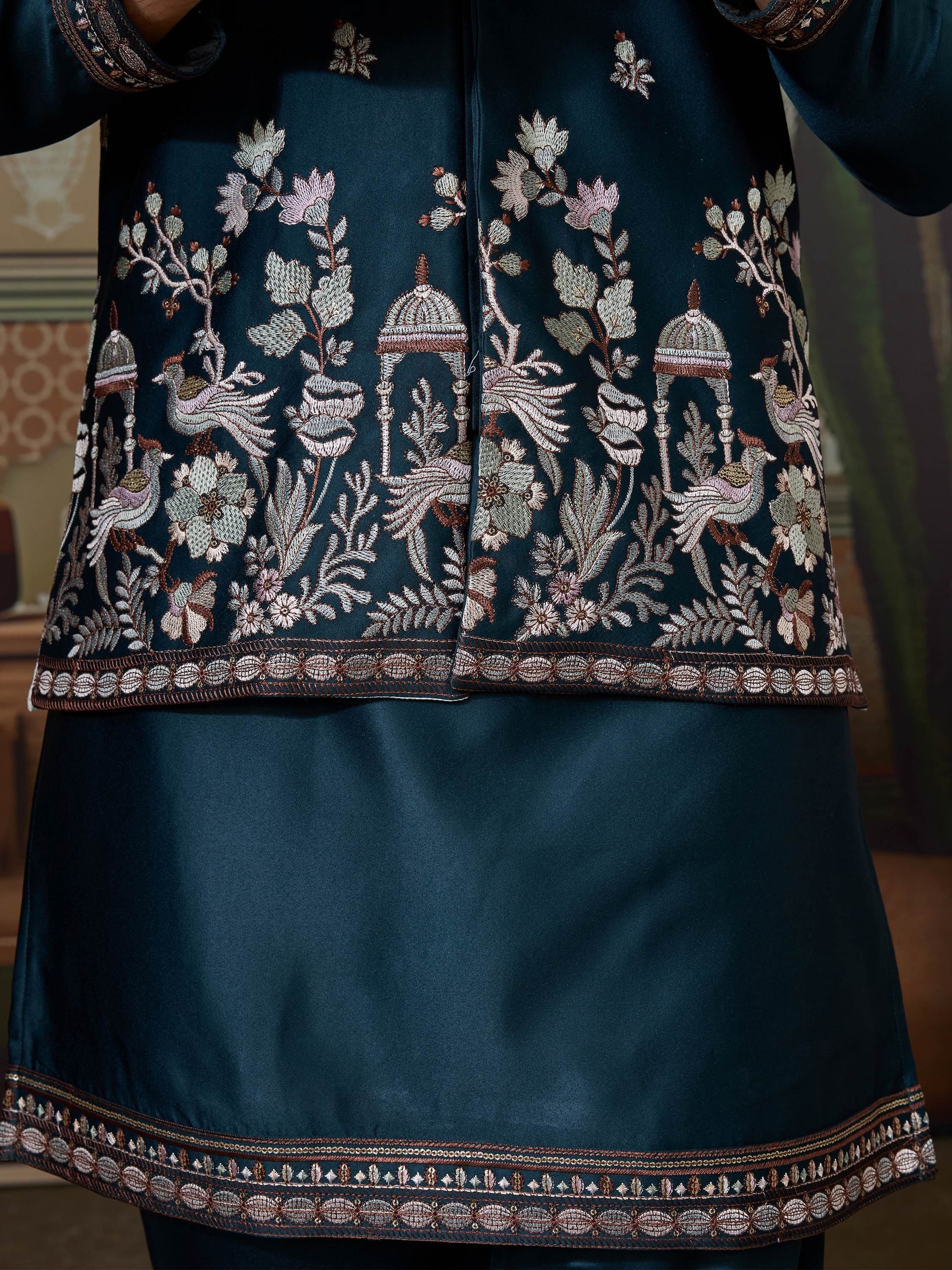 Classic Teal Blue Thread Embroidered Silk Evening Wear Men Kurta And Pant With Jacket