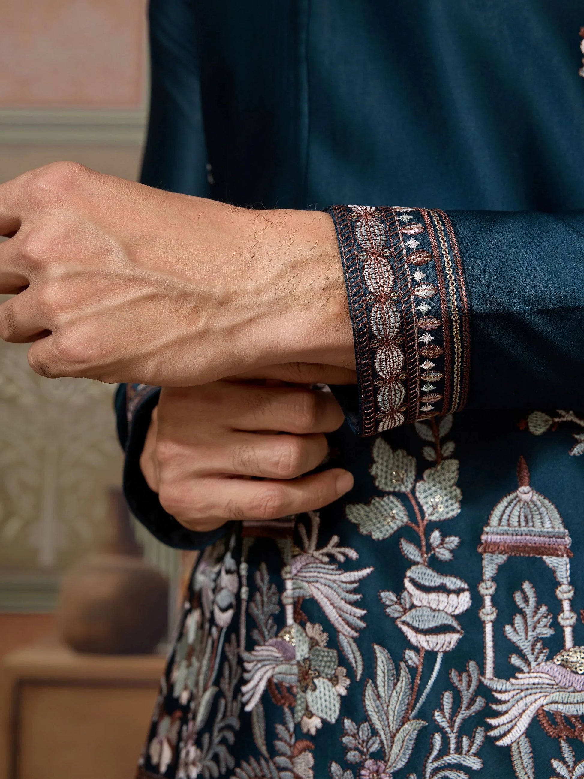 Classic Teal Blue Thread Embroidered Silk Evening Wear Men Kurta And Pant With Jacket